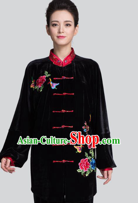 China Tai Chi Competition Clothing Traditional Embroidered Peony Butterfly Black Pleuche Uniforms