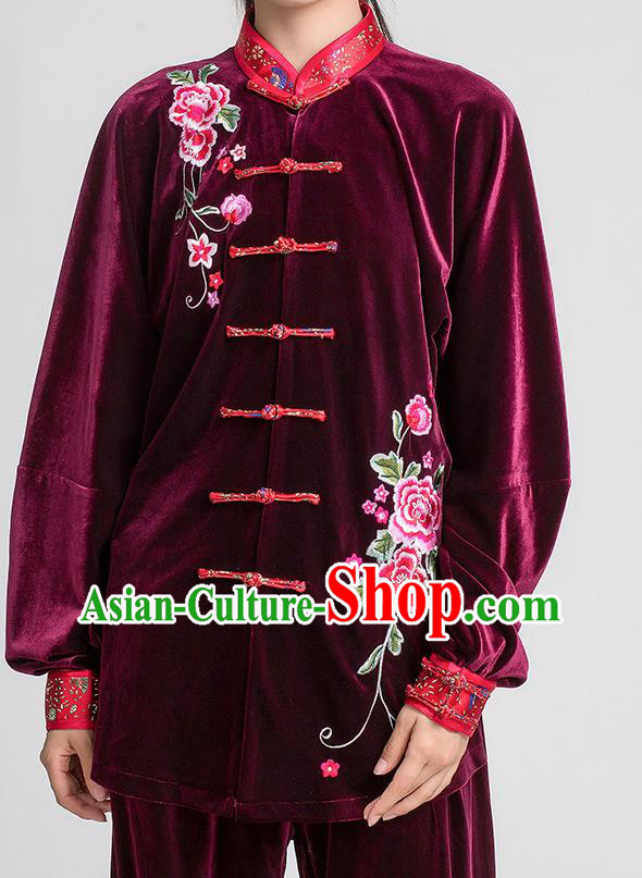 China Winter Tai Chi Training Clothing Traditional Embroidered Peony Wine Red Pleuche Uniforms