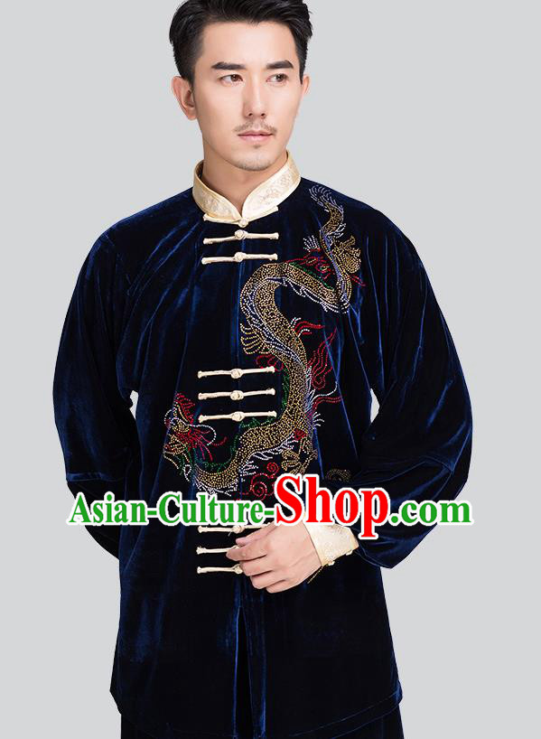 Chinese Traditional Tai Chi Navy Pleuche Costumes Men Kung Fu Uniforms