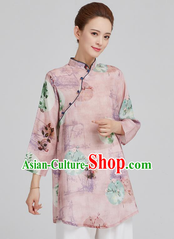 China Tai Chi Upper Outer Garment Top Kung Fu Costume Tang Suit Printing Mangnolia Light Pink Flax Shirt
