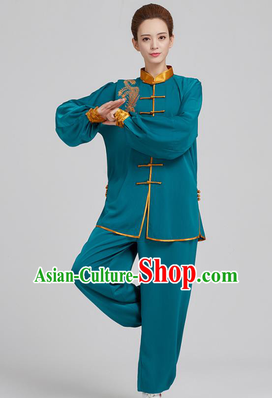 China Top Kung Fu Costumes Embroidered Tai Chi Training Blue Uniforms