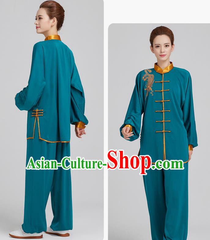 China Top Kung Fu Costumes Embroidered Tai Chi Training Blue Uniforms