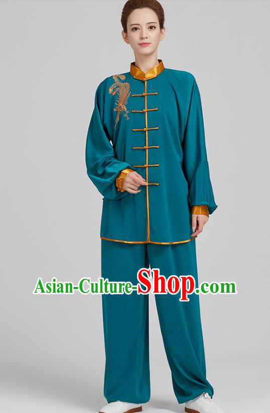 China Top Kung Fu Costumes Embroidered Tai Chi Training Blue Uniforms