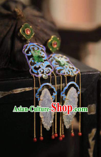 Handmade Chinese Blueing Orchids Ear Accessories Traditional Culture Jewelry Cheongsam Jadeite Earrings