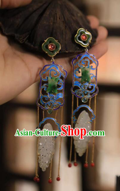 Handmade Chinese Blueing Orchids Ear Accessories Traditional Culture Jewelry Cheongsam Jadeite Earrings