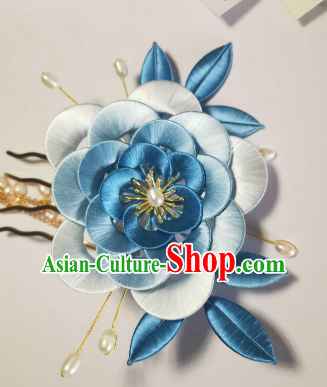 Chinese Handmade Blue Silk Camellia Hairpin Ancient Song Dynasty Princess Hair Comb Traditional Hair Jewelry