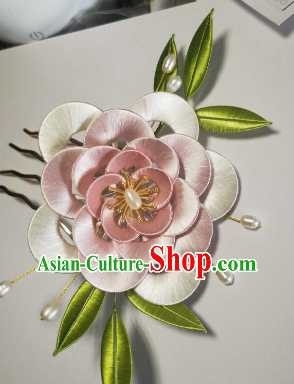 Chinese Traditional Pearls Hair Jewelry Handmade Pink Silk Camellia Hairpin Ancient Princess Hair Comb