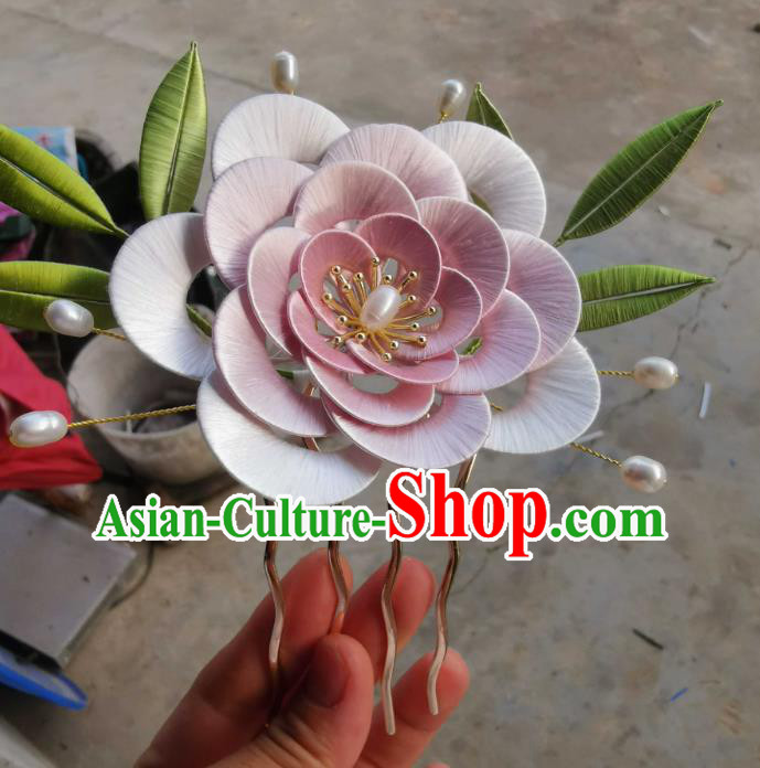 Chinese Traditional Pearls Hair Jewelry Handmade Pink Silk Camellia Hairpin Ancient Princess Hair Comb