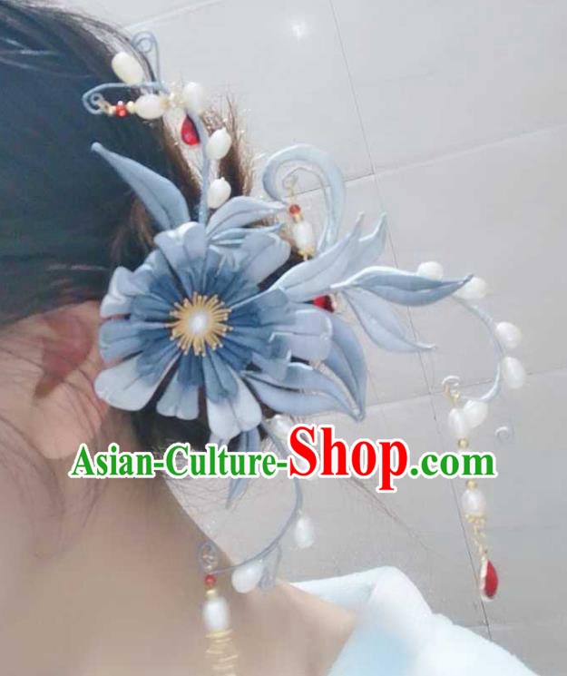 Chinese Handmade Blue Silk Chrysanthemum Hairpin Ancient Princess Pearls Tassel Hair Stick Traditional Hair Jewelry