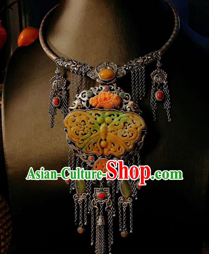 China Traditional Jade Carving Butterfly Necklace Accessories Handmade Silver Tassel Necklet Pendant
