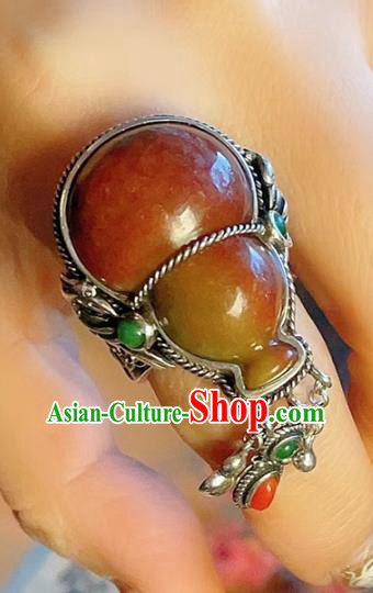 Chinese National Silver Ring Jewelry Traditional Handmade Jadeite Gourd Circlet Accessories