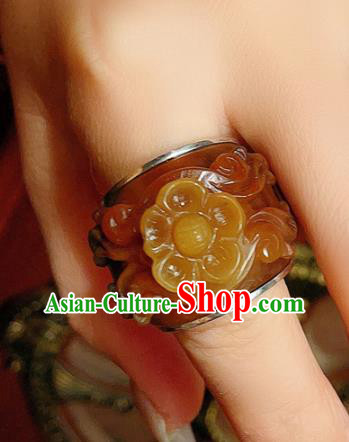 Chinese National Ring Silver Jewelry Traditional Handmade Jadeite Carving Plum Circlet Accessories