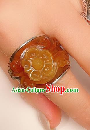 Chinese National Ring Silver Jewelry Traditional Handmade Jadeite Carving Plum Circlet Accessories