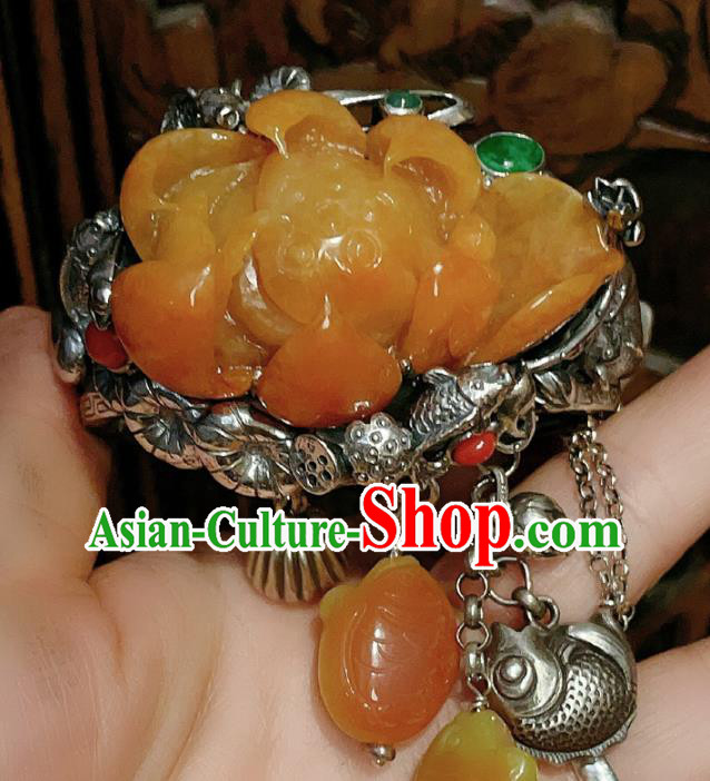 Chinese National Jade Carving Lotus Bracelet Jewelry Traditional Handmade Accessories Silver Bangle