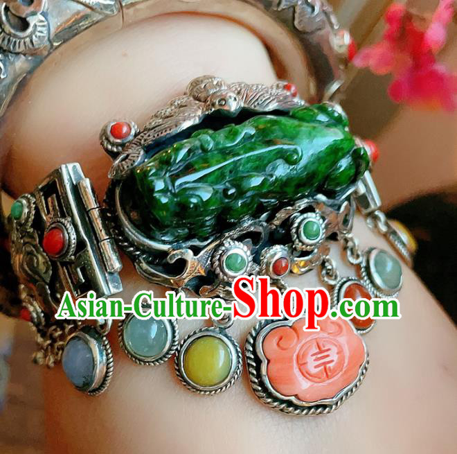 Chinese National Jadeite Tiger Bracelet Jewelry Traditional Handmade Accessories Silver Carving Bat Bangle