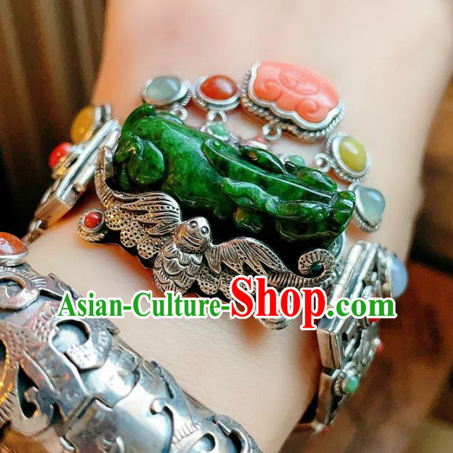 Chinese National Jadeite Tiger Bracelet Jewelry Traditional Handmade Accessories Silver Carving Bat Bangle