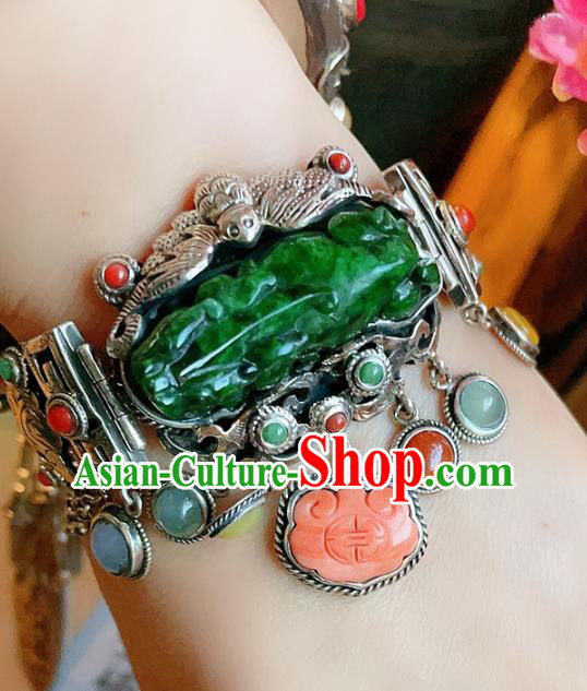 Chinese National Jadeite Tiger Bracelet Jewelry Traditional Handmade Accessories Silver Carving Bat Bangle