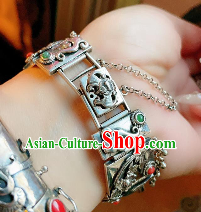 Chinese National Jadeite Tiger Bracelet Jewelry Traditional Handmade Accessories Silver Carving Bat Bangle