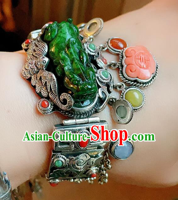 Chinese National Jadeite Tiger Bracelet Jewelry Traditional Handmade Accessories Silver Carving Bat Bangle