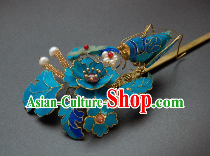 China Traditional Court Hair Accessories Qing Dynasty Hairpin Handmade Ancient Empress Blueing Cricket Hair Stick
