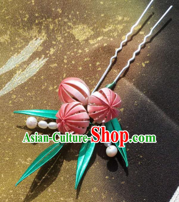 China Handmade Ancient Princess Silk Peach Hair Stick Traditional Hair Accessories Song Dynasty Hairpin