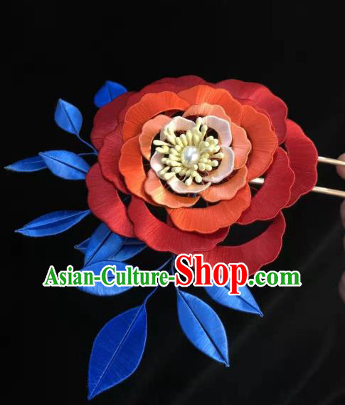 China Handmade Ancient Princess Silk Hair Stick Traditional Hair Accessories Song Dynasty Red Camellia Hairpin