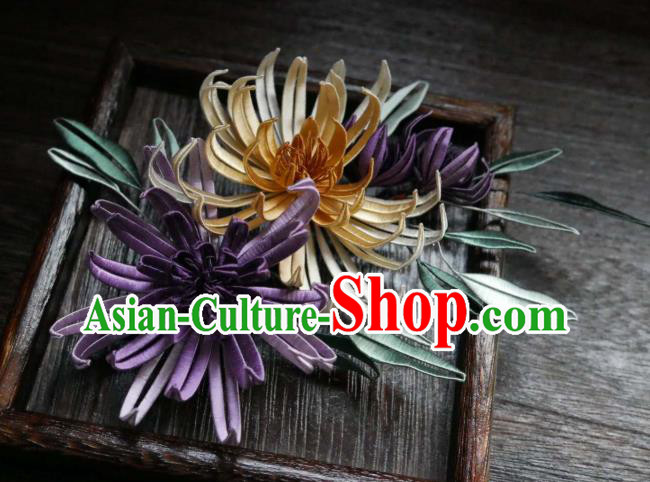 China Handmade Ming Dynasty Hairpin Ancient Princess Silk Chrysanthemum Hair Stick Traditional Hair Accessories
