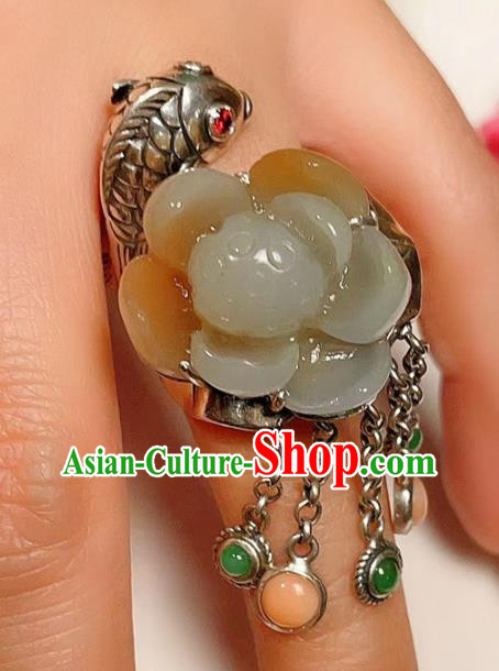 Top Chinese National Silver Carving Fish Ring Jewelry Traditional Handmade Accessories Jade Lotus Circlet