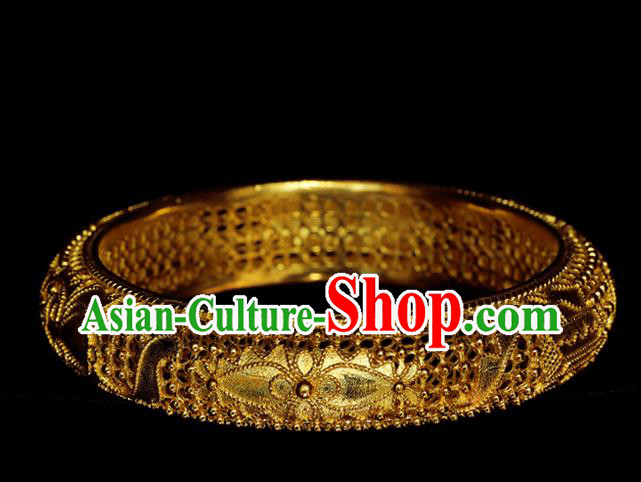 Handmade Chinese Traditional Ming Dynasty Filigree Bracelet Accessories Wedding Golden Bangle Jewelry