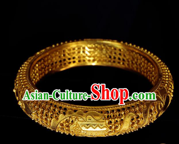 Handmade Chinese Traditional Ming Dynasty Filigree Bracelet Accessories Wedding Golden Bangle Jewelry
