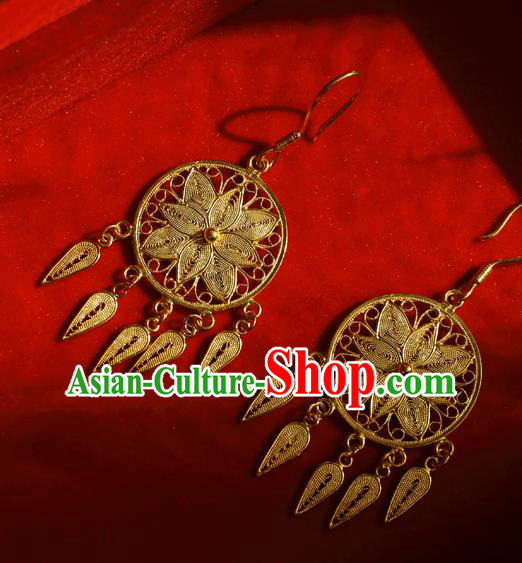 Chinese Traditional Handmade Golden Dreamcatcher Earrings Accessories National Cheongsam Ear Jewelry
