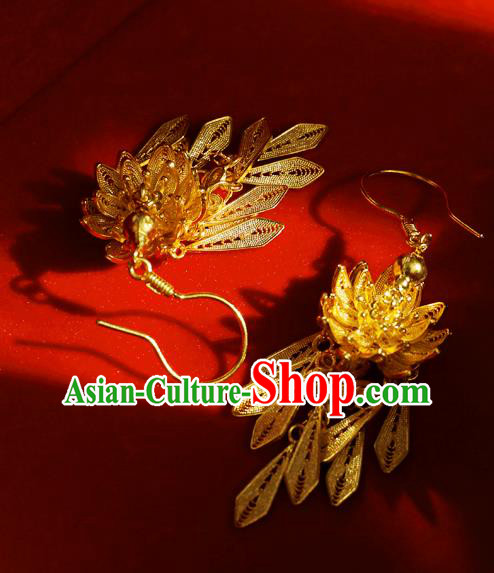 Chinese Ancient Empress Ear Jewelry Traditional Ming Dynasty Golden Lotus Earrings Accessories