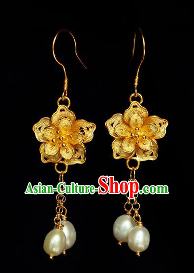 Chinese Traditional Ming Dynasty Golden Peach Blossom Earrings Accessories Ancient Empress Pearls Tassel Ear Jewelry