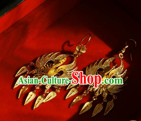 Chinese Traditional Ming Dynasty Earrings Accessories Ancient Empress Golden Phoenix Ear Jewelry