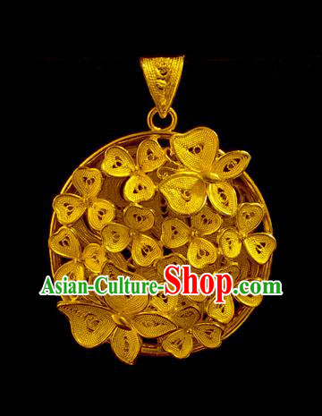 China Traditional Ming Dynasty Golden Necklace Accessories Ancient Princess Filigree Butterfly Flowers Necklet Pendant
