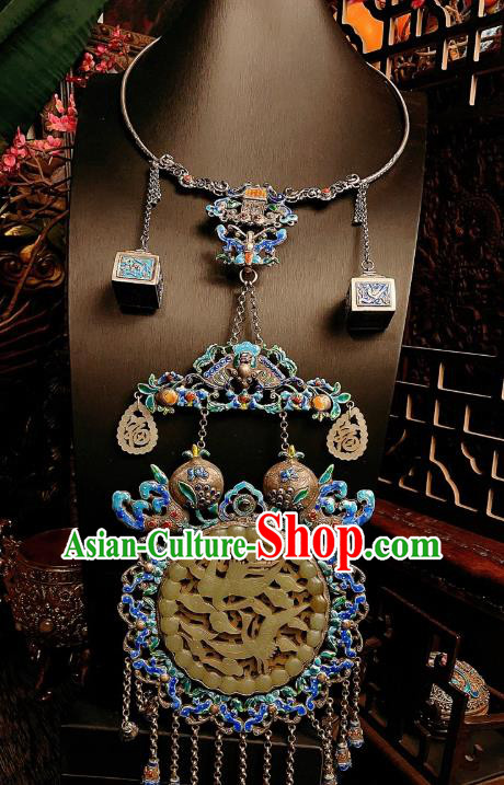 China Traditional Cloisonne Silver Necklace Accessories Handmade Jade Carving Crane Necklet Pendant
