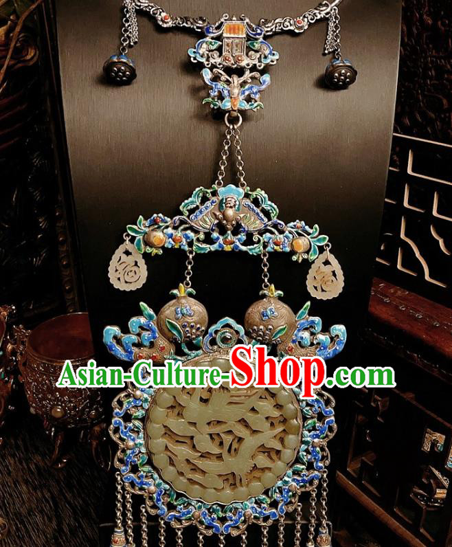 China Traditional Cloisonne Silver Necklace Accessories Handmade Jade Carving Crane Necklet Pendant