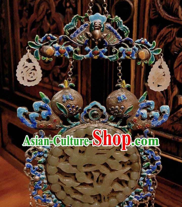 China Traditional Cloisonne Silver Necklace Accessories Handmade Jade Carving Crane Necklet Pendant