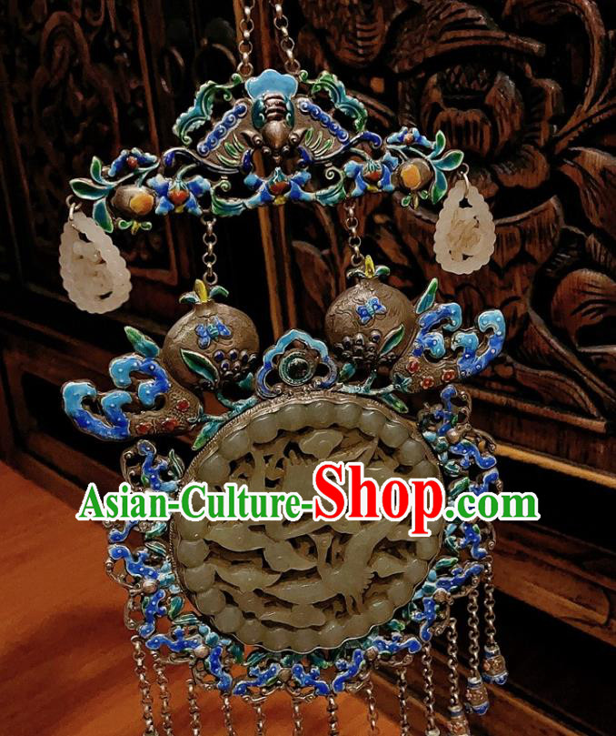 China Traditional Cloisonne Silver Necklace Accessories Handmade Jade Carving Crane Necklet Pendant