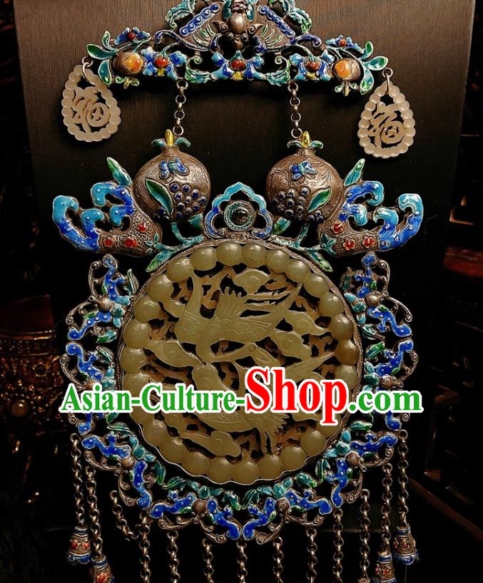China Traditional Cloisonne Silver Necklace Accessories Handmade Jade Carving Crane Necklet Pendant