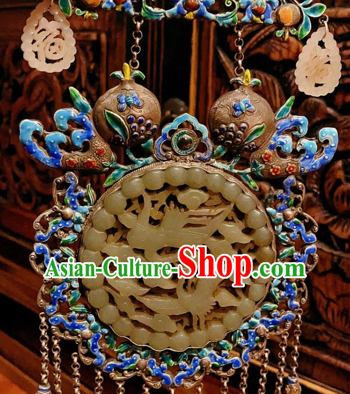 China Traditional Cloisonne Silver Necklace Accessories Handmade Jade Carving Crane Necklet Pendant