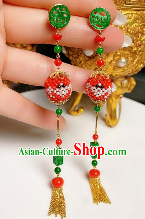 Chinese National Jadeite Tassel Earrings Traditional Jewelry Handmade Red Beads Ear Accessories
