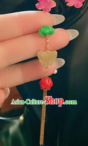 Chinese National Jade Butterfly Earrings Traditional Jewelry Handmade Golden Tassel Ear Accessories