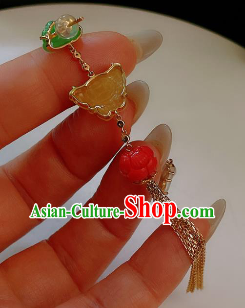 Chinese National Jade Butterfly Earrings Traditional Jewelry Handmade Golden Tassel Ear Accessories