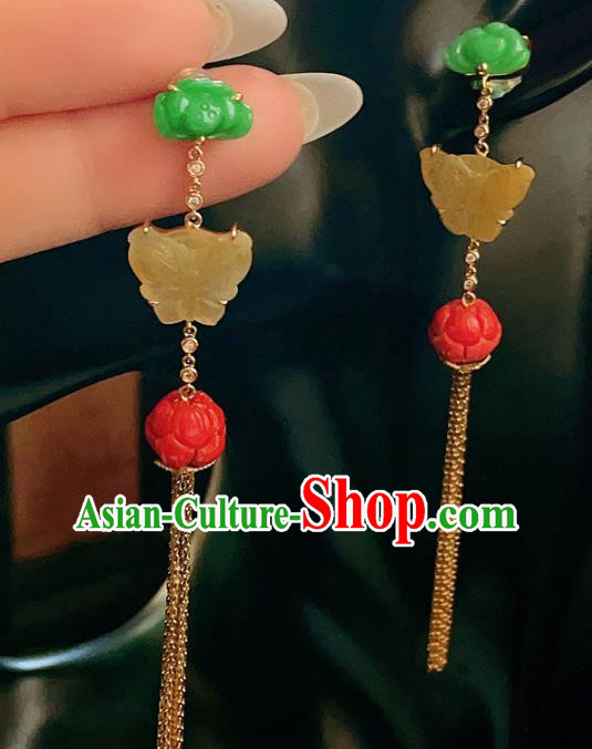 Chinese National Jade Butterfly Earrings Traditional Jewelry Handmade Golden Tassel Ear Accessories
