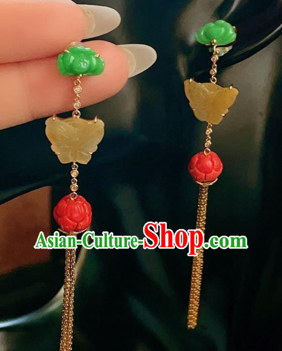 Chinese National Jade Butterfly Earrings Traditional Jewelry Handmade Golden Tassel Ear Accessories