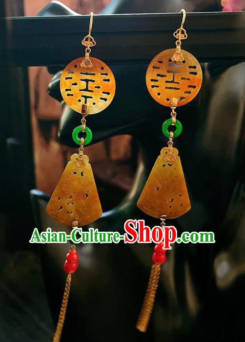 Chinese National Wedding Earrings Traditional Jewelry Handmade Jadeite Tassel Ear Accessories