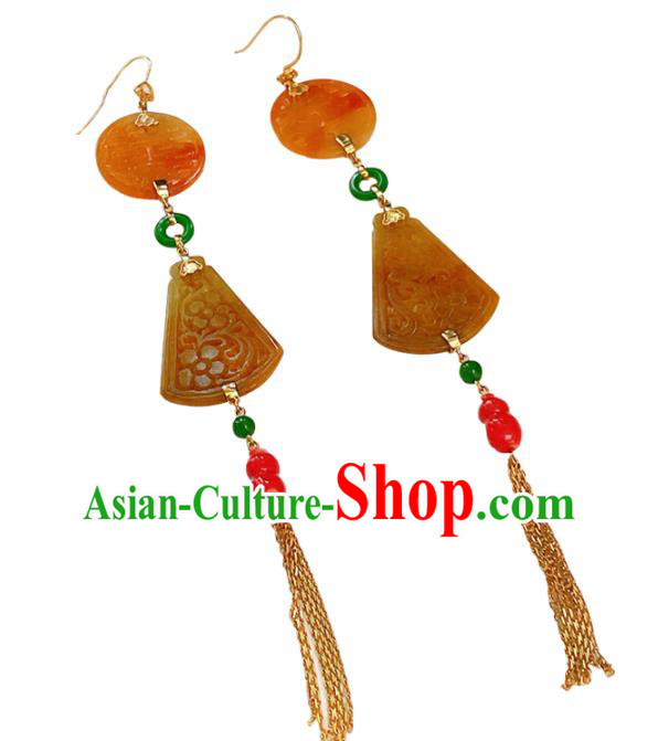 Chinese National Wedding Earrings Traditional Jewelry Handmade Jadeite Tassel Ear Accessories