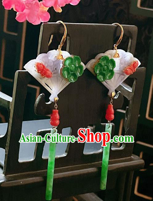 Chinese National Jadeite Fan Earrings Traditional Jewelry Handmade Ear Accessories