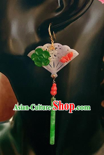 Chinese National Jadeite Fan Earrings Traditional Jewelry Handmade Ear Accessories